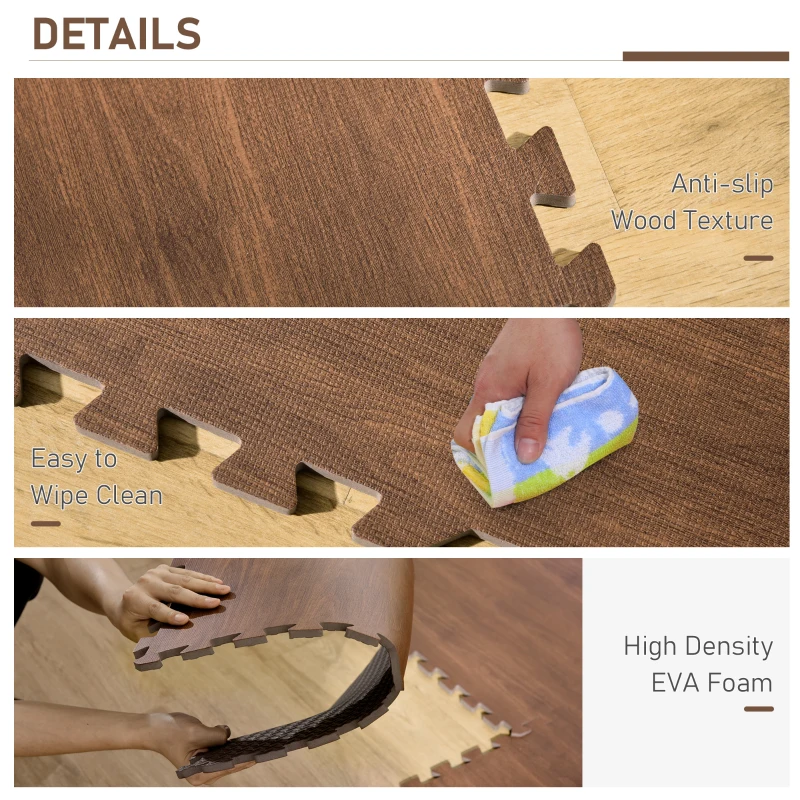 HOMCOM Wood Grain Floor Mats 1/2 Inch Thick, Interlocking EVA Foam Mats Tiles with Borders, Puzzle Exercise Mat for Home and Fit Equipment, 24 in x 24 in, Pack of 18