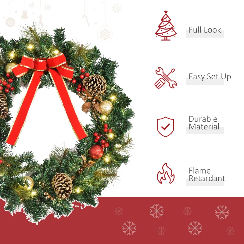 HOMCOM Christmas Wreath 24" Pre-Lit Artificial Greenery Xmas Spruce Wreath Cones Red Berries 20 LED Lights Battery Operated