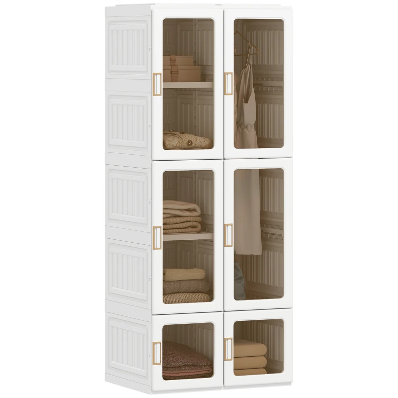 HOMCOM Portable Wardrobe, Foldable Plastic Closet with 6 Compartments, Hanging Rod and Magnetic Doors, White