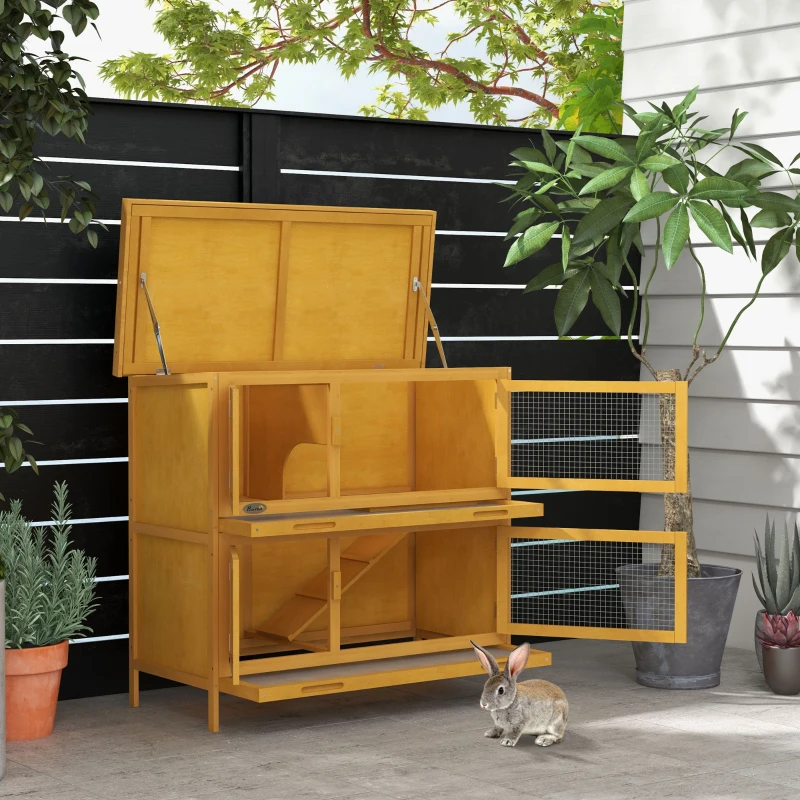 PawHut Wood Rabbit Hutch with 2 Large Main House, Ramp, Trays, Yellow