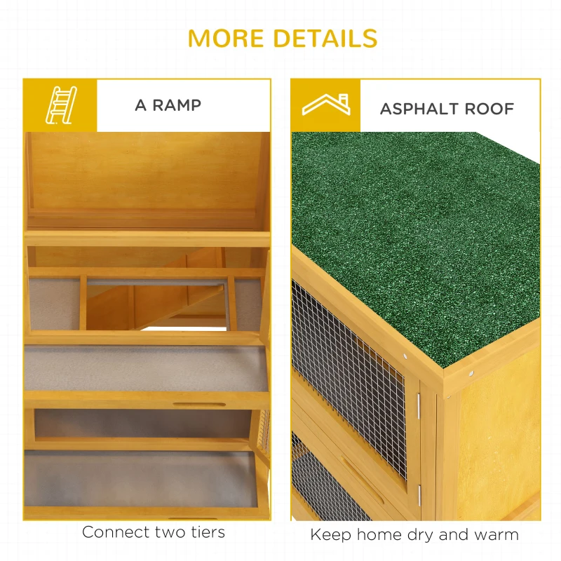PawHut Wood Rabbit Hutch with 2 Large Main House, Ramp, Trays, Yellow