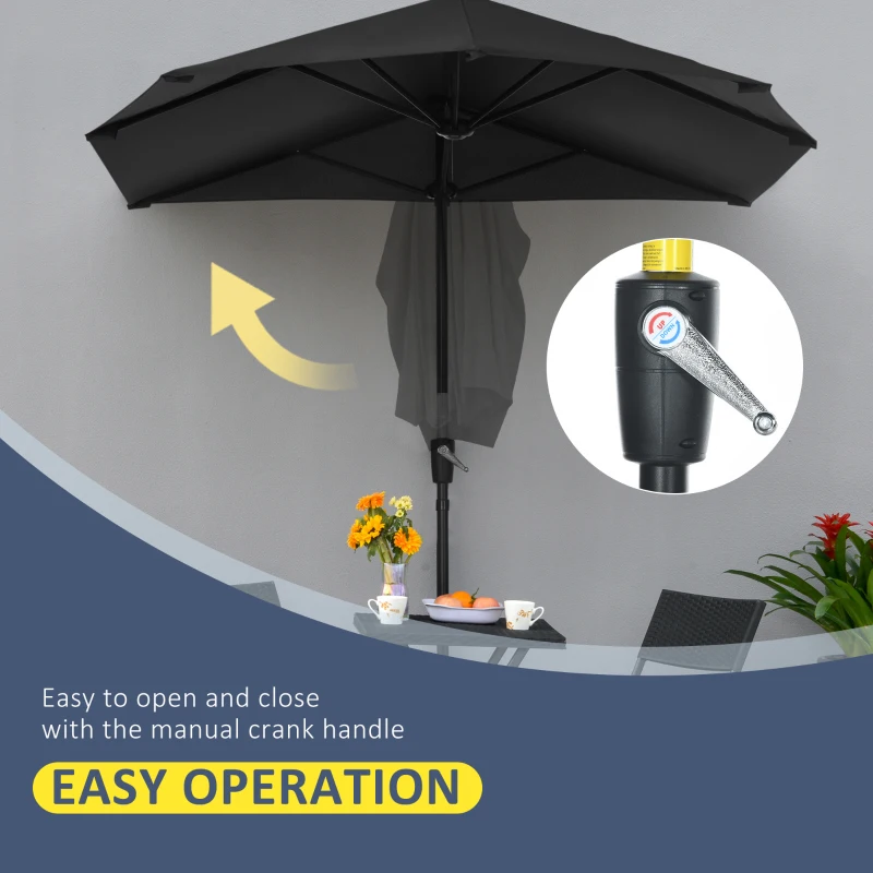 Outsunny 6.6 x 6ft Half Patio Umbrella Outdoor Parasol with Double-Sided Canopy, Crank Handle, Base for Garden, Balcony, Black