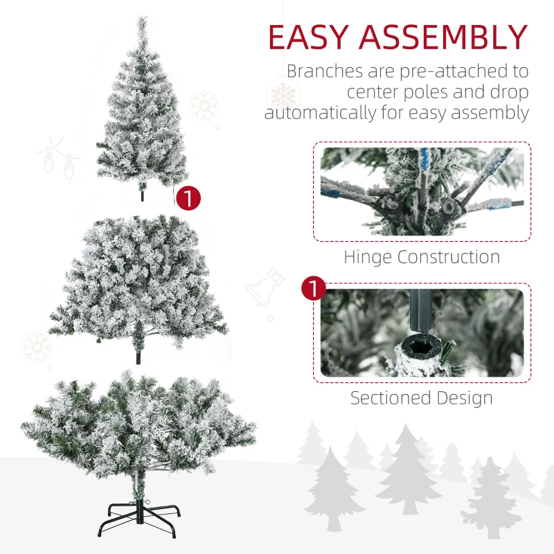 HOMCOM 6ft Artificial Prelit Christmas Tree with Warm White LED Light, Snow Flocked Branches, Metal Base, Xmas Tree