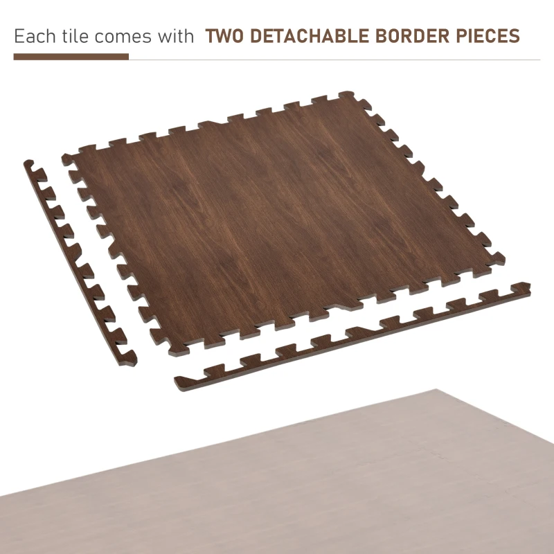 HOMCOM Wood Grain Floor Mats 1/2 Inch Thick, Interlocking EVA Foam Mats Tiles with Borders, Puzzle Exercise Mat for Home and Fit Equipment, 24 in x 24 in, Pack of 18