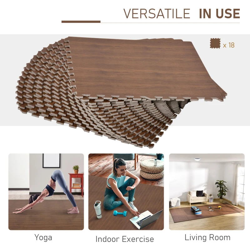 HOMCOM Wood Grain Floor Mats 1/2 Inch Thick, Interlocking EVA Foam Mats Tiles with Borders, Puzzle Exercise Mat for Home and Fit Equipment, 24 in x 24 in, Pack of 18