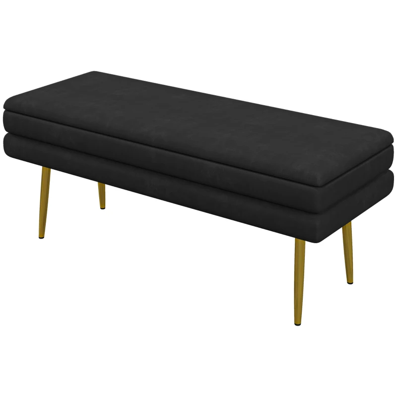 HOMCOM 39" Storage Ottoman, Velvet End of Bed Bench with Steel Legs, Foot Stool with Storage for Bedroom, Living Room, Black