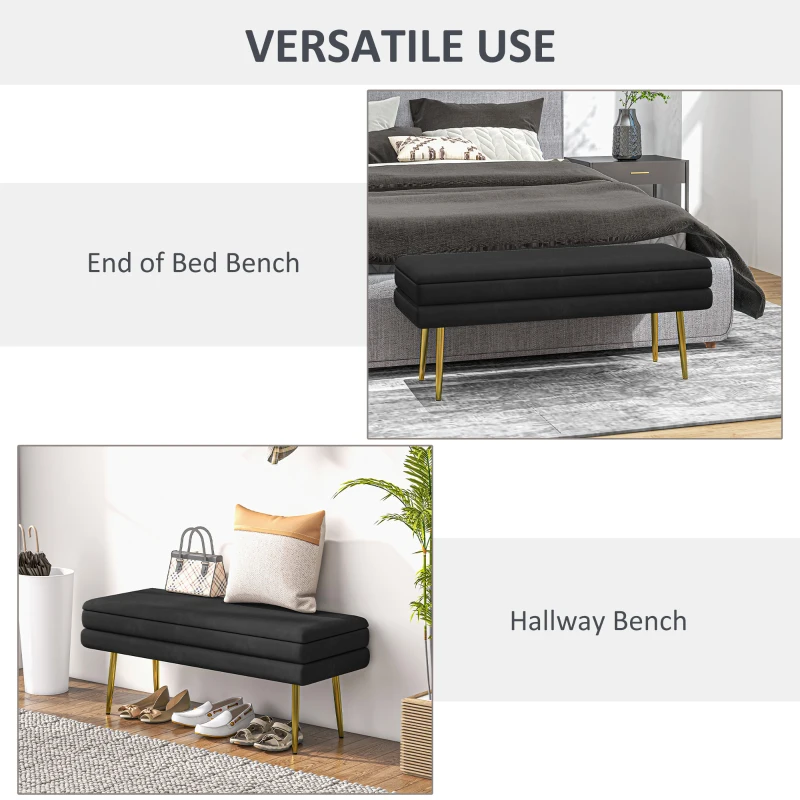 HOMCOM 39" Storage Ottoman, Velvet End of Bed Bench with Steel Legs, Foot Stool with Storage for Bedroom, Living Room, Black