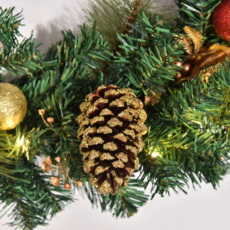 HOMCOM Christmas Wreath 24" Pre-Lit Artificial Greenery Xmas Spruce Wreath Cones Red Berries 20 LED Lights Battery Operated