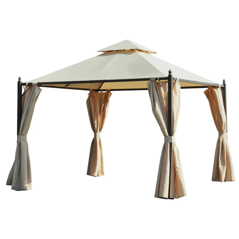 Outsunny 10x10ft Patio Gazebo Canopy Double-tire Garden Shelter Outdoor Sun Shade with Curtains, Beige