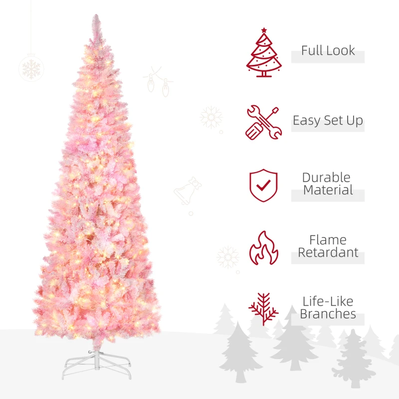 HOMCOM 7.5 Foot Prelit Snow Flocked Artificial Christmas Tree with Pencil Shape, 700 Pine Realistic Branches, Warm White LED lights, Auto Open, Pink and White