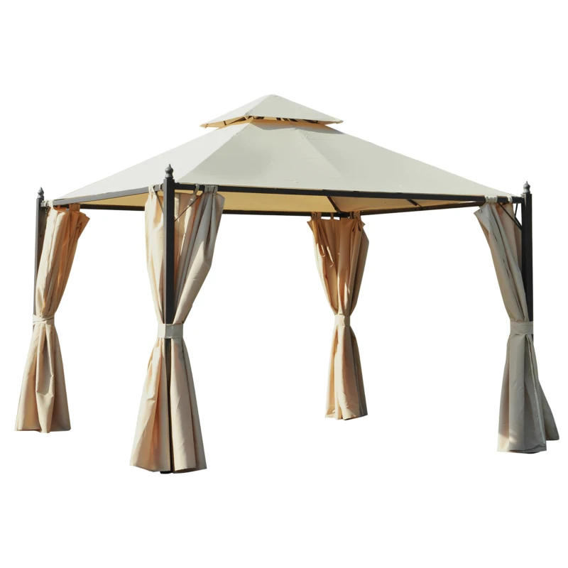 Outsunny 10x10ft Patio Gazebo Canopy Double-tire Garden Shelter Outdoor Sun Shade with Curtains, Beige