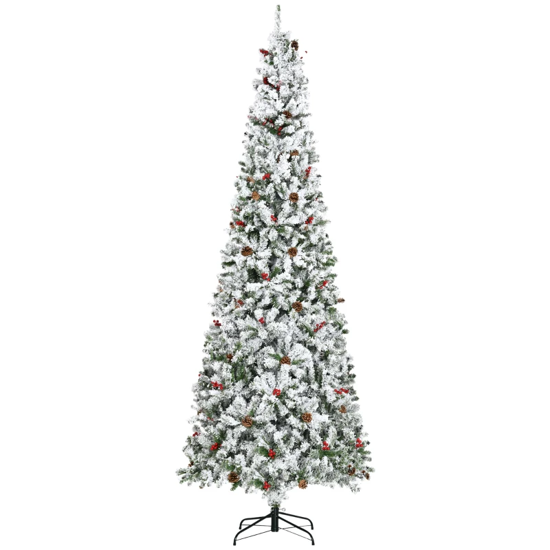 HOMCOM 9-foot Pencil Snow Flocked Artificial Christmas Tree with 1350 Pine Realistic Branches, Pine Cones, Red Berries, Auto Open, Green