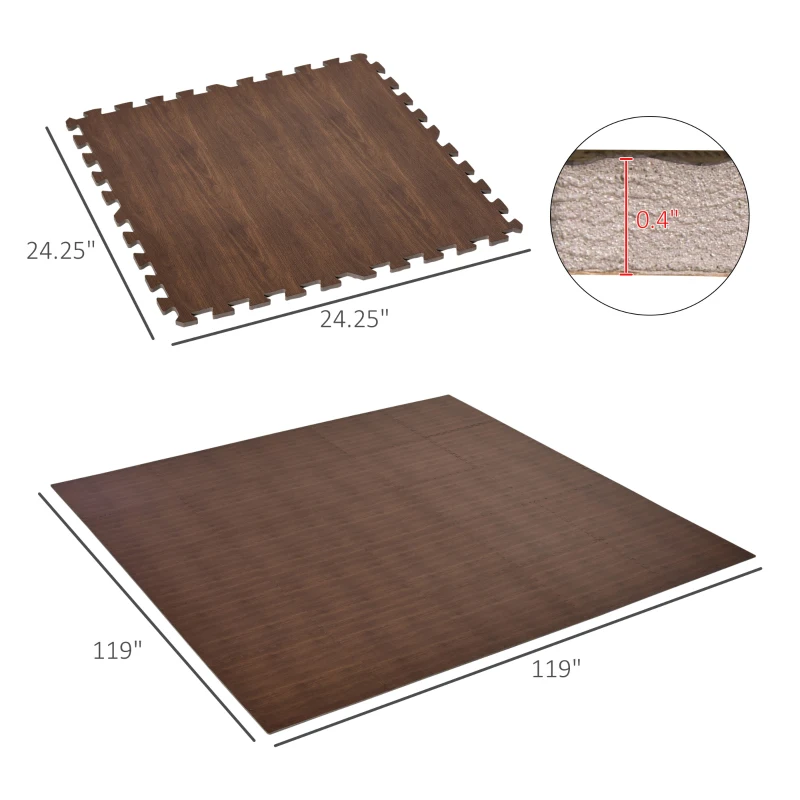 HOMCOM Wood Grain Floor Mats 1/2 Inch Thick, Interlocking EVA Foam Mats Tiles with Borders, Puzzle Exercise Mat for Home and Fit Equipment, 24 in x 24 in, Pack of 25
