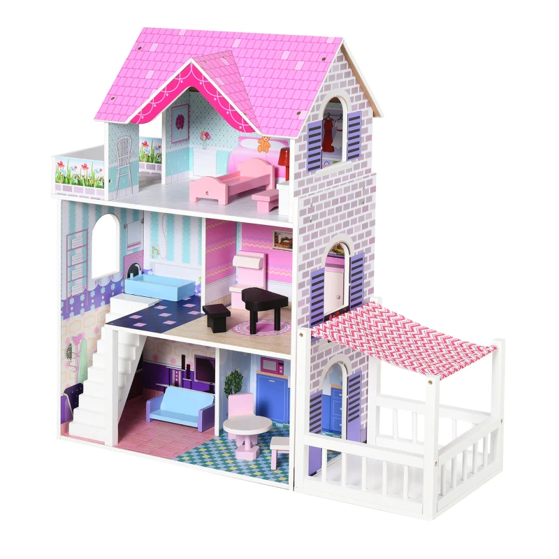Qaba 2.9ft Kids Wooden Dollhouse Dreamhouse Villa with Patio Dollhouse with Furniture Accessories Kit for Toddler Girls Multi-level House for Children Pink
