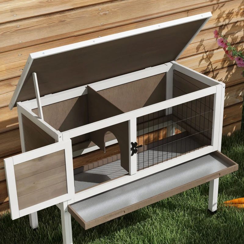PawHut Wooden Rabbit Hutch with Openable Asphalt Roof, Tray, Brown