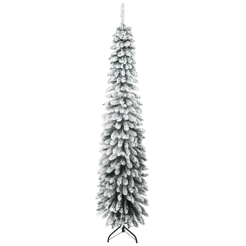 HOMCOM 7ft Snow-Flocked Artificial Christmas Tree, Slim Pencil Xmas Tree with 490 Realistic Branches, Metal Base, Green