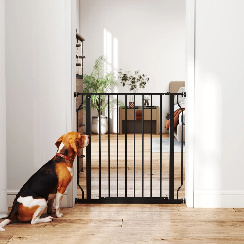 PawHut 30"- 34" Easy Install Pet Gate w/ Door & Double Locking System, Extra Wide Dog Gate for Stairs, Hallways, Black