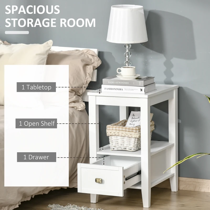 HOMCOM Side Table, Modern Coffee End Table with Drawer and Shelf, Nightstand for Bedroom, Living Room, White