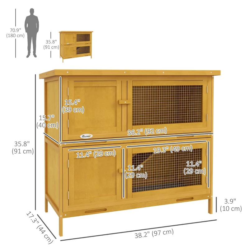 PawHut Wood Rabbit Hutch with 2 Large Main House, Ramp, Trays, Yellow