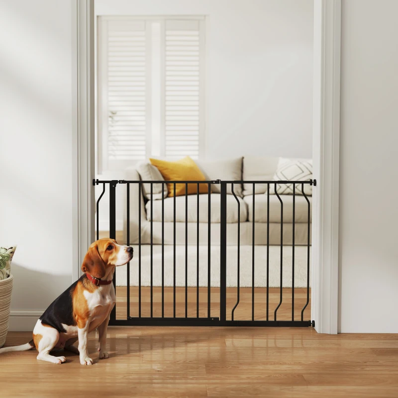 PawHut 30"- 45" Easy Install Pet Gate w/ Door & Double Locking System, Extra Wide Dog Gate for Stairs, Hallways, Black