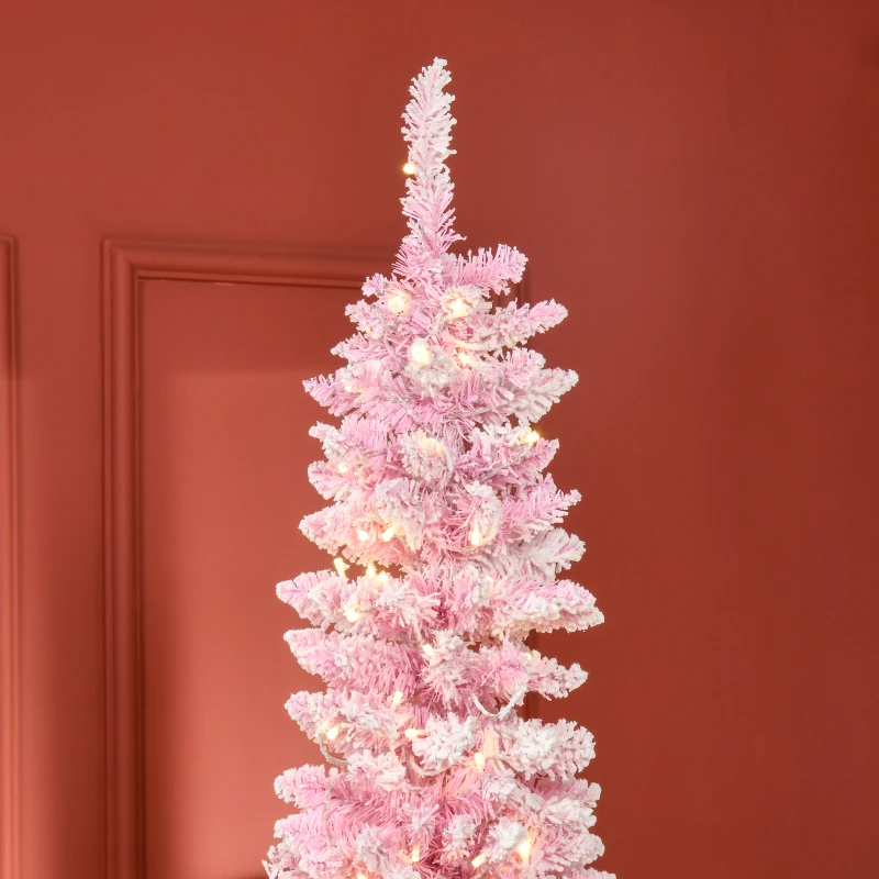 HOMCOM 7.5 Foot Prelit Snow Flocked Artificial Christmas Tree with Pencil Shape, 700 Pine Realistic Branches, Warm White LED lights, Auto Open, Pink and White