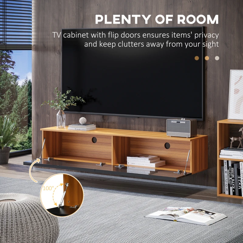 HOMCOM Wall Mounted TV Stand, Floating TV Cabinet for up to 70" TVs with Storage, High Gloss Effect, Brown and Black