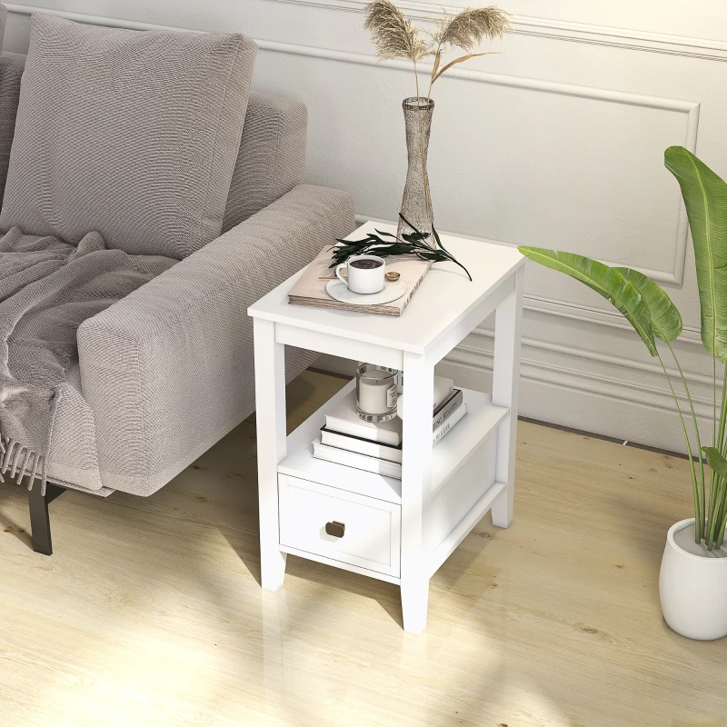 HOMCOM Side Table, Modern Coffee End Table with Drawer and Shelf, Nightstand for Bedroom, Living Room, White