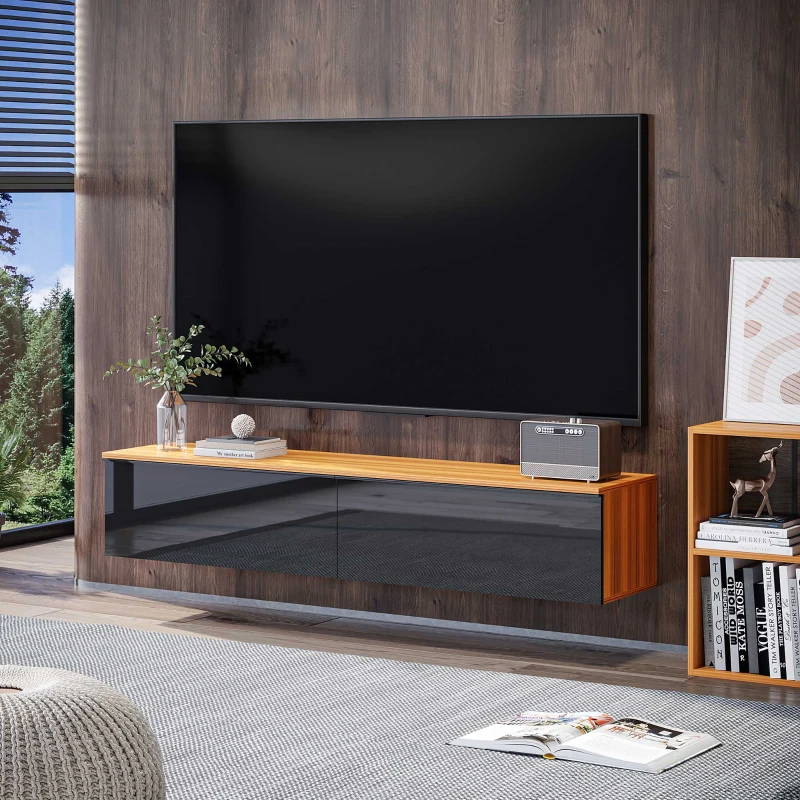 HOMCOM Wall Mounted TV Stand, Floating TV Cabinet for up to 70" TVs with Storage, High Gloss Effect, Brown and Black