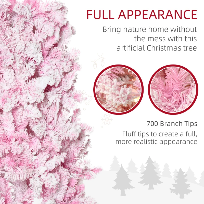 HOMCOM 7.5 Foot Prelit Snow Flocked Artificial Christmas Tree with Pencil Shape, 700 Pine Realistic Branches, Warm White LED lights, Auto Open, Pink and White