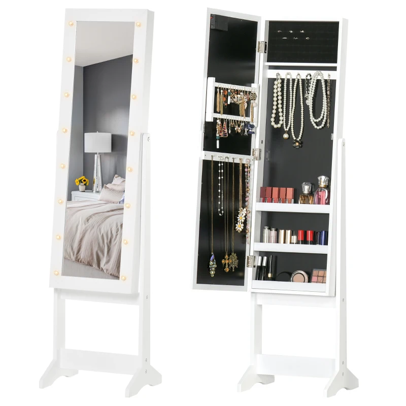 HOMCOM Free Standing Armoire Organizer, Lighted Mirrored Jewelry Cabinet w/ Angle Adjustable & 16 LED Lights Warm White