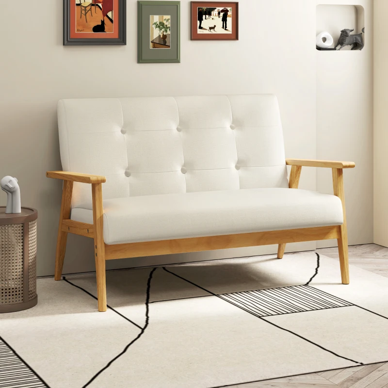 HOMCOM 45" 2 Seat Sofa, Upholstered Two Seater Couch with Rubber Wood Legs for Bedroom, Living Room, Beige