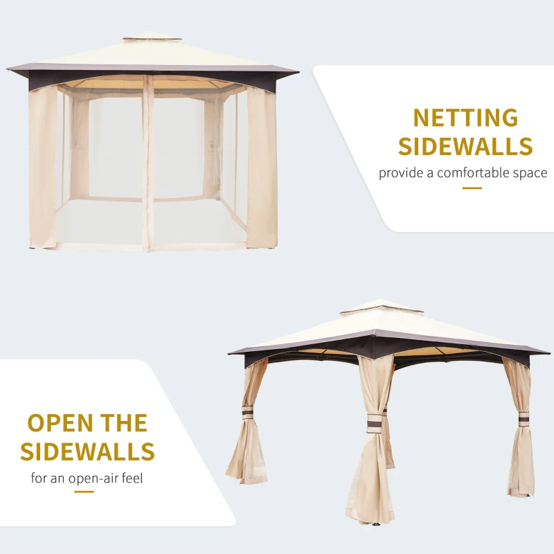 Outsunny 10' x 12' Soft-top Large Gazebo Canopy Tent with Double Canopy Roof Eaves, Mesh Netting Sidewalls, Steel Frame, Beige