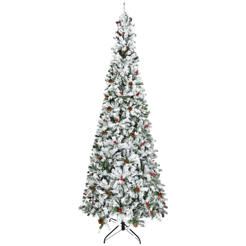 HOMCOM 9-foot Pencil Snow Flocked Artificial Christmas Tree with 1350 Pine Realistic Branches, Pine Cones, Red Berries, Auto Open, Green
