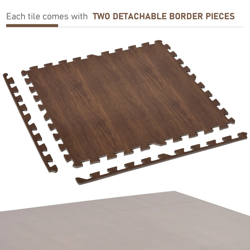 HOMCOM Wood Grain Floor Mats 1/2 Inch Thick, Interlocking EVA Foam Mats Tiles with Borders, Puzzle Exercise Mat for Home and Fit Equipment, 24 in x 24 in, Pack of 25