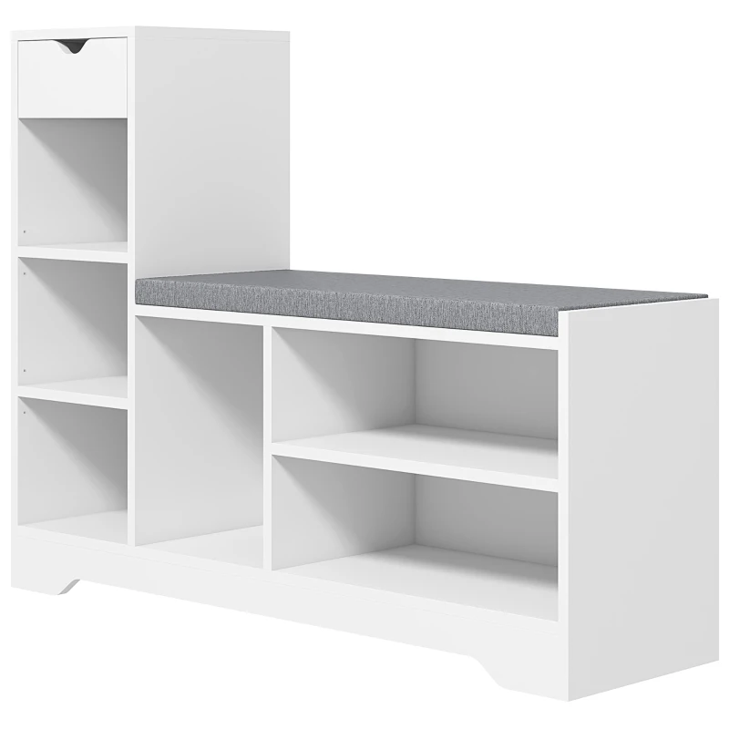HOMCOM Upholstered Shoe Storage Bench w/ Seat, Entrance Bench w/ Drawer and 6 Open Shelves for Hallway, White