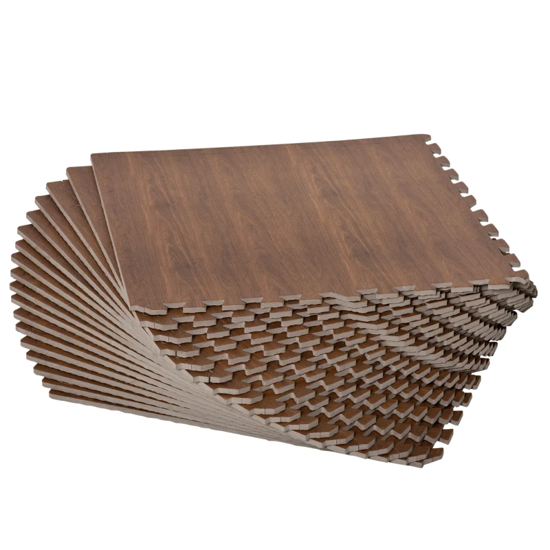 HOMCOM Wood Grain Floor Mats 1/2 Inch Thick, Interlocking EVA Foam Mats Tiles with Borders, Puzzle Exercise Mat for Home and Fit Equipment, 24 in x 24 in, Pack of 18