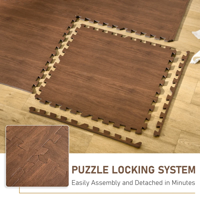HOMCOM Wood Grain Floor Mats 1/2 Inch Thick, Interlocking EVA Foam Mats Tiles with Borders, Puzzle Exercise Mat for Home and Fit Equipment, 24 in x 24 in, Pack of 18
