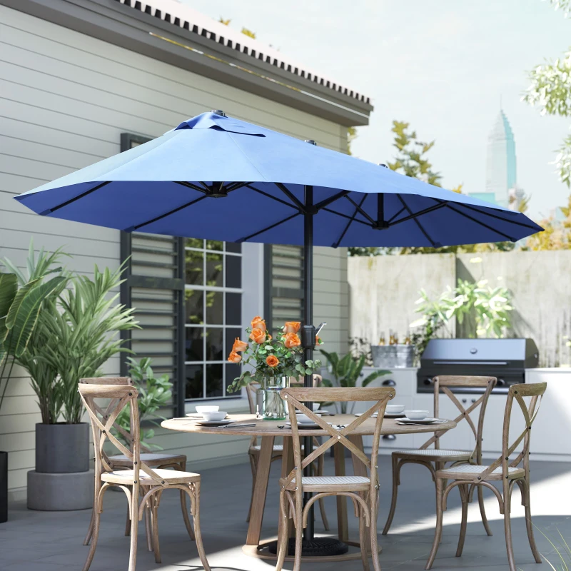 Outsunny 15ft Patio Sun Umbrella with Twin Canopy, Extra Large Outdoor Parasol with Crank for Pool, Deck, Market, Blue