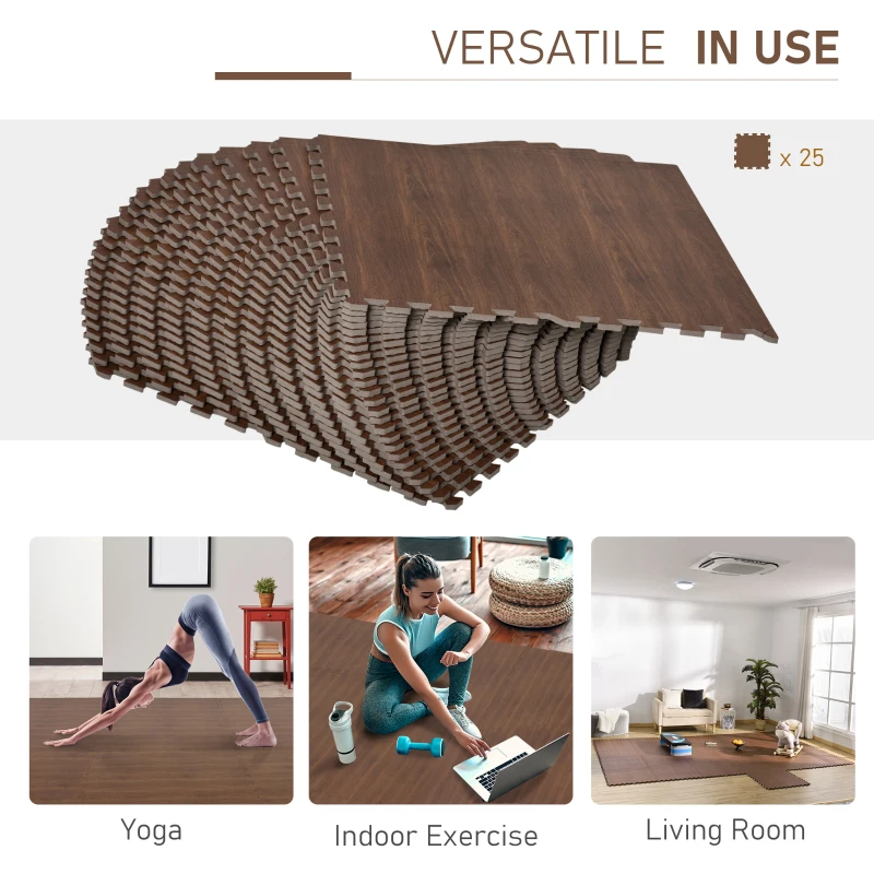 HOMCOM Wood Grain Floor Mats 1/2 Inch Thick, Interlocking EVA Foam Mats Tiles with Borders, Puzzle Exercise Mat for Home and Fit Equipment, 24 in x 24 in, Pack of 25