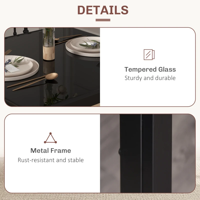 HOMCOM 3-Piece Rectangular Glass Kitchen Table and Chairs with Metal Frame and Faux Leather Upholstery for Dining Room, Black