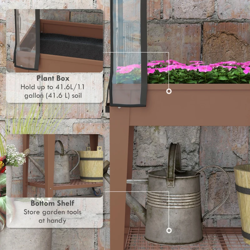 Outsunny 3' x 1' x 4' Raised Planter with Greenhouse Cover and Roll-up Door Mobile Elevated Garden Bed on Wheels for Herbs Brown