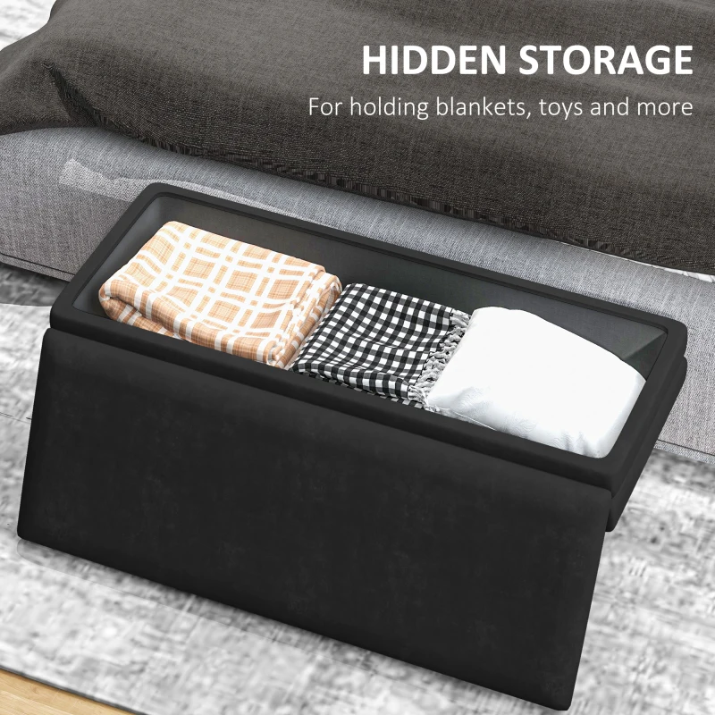 HOMCOM 39" Storage Ottoman, Velvet End of Bed Bench with Steel Legs, Foot Stool with Storage for Bedroom, Living Room, Black
