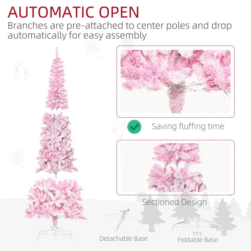 HOMCOM 7.5 Foot Prelit Snow Flocked Artificial Christmas Tree with Pencil Shape, 700 Pine Realistic Branches, Warm White LED lights, Auto Open, Pink and White