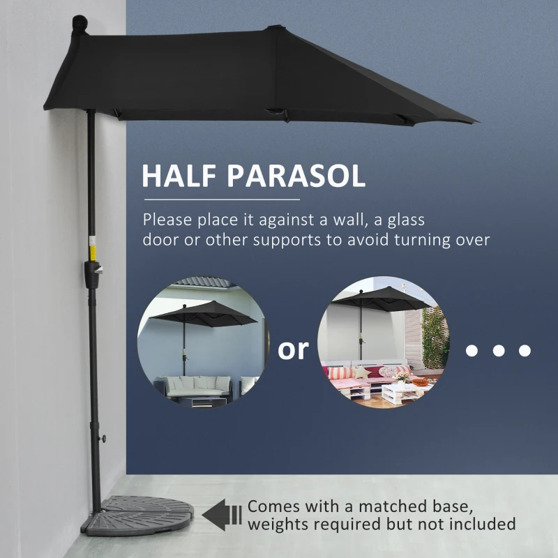 Outsunny 6.6 x 6ft Half Patio Umbrella Outdoor Parasol with Double-Sided Canopy, Crank Handle, Base for Garden, Balcony, Black