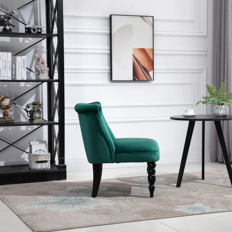 HOMCOM Vintage Leisure Accent Chair, Armless Chair with Button Tufted Straight Back, Turned Legs, Thick Sponge Padding for Living Room, Dining Room, Study, Dark Green