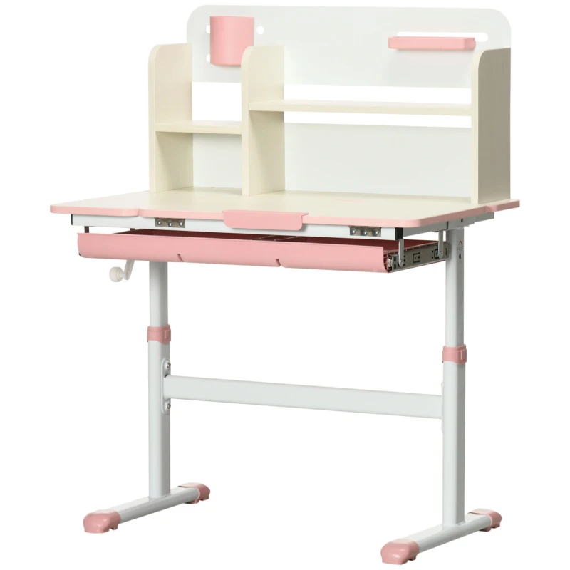 Qaba Wooden Kids Study Desk, Height Adjustable Children School Study Table, Student Writing Desk with Tilt Desktop, Drawer, Storage Shelf, Pen Holder, Pink