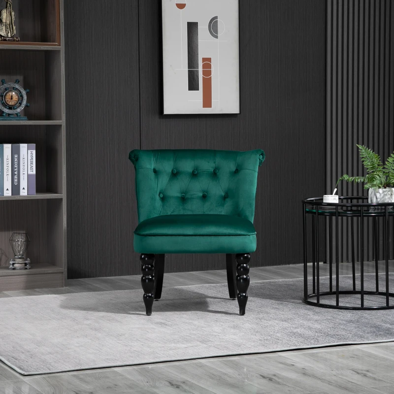HOMCOM Vintage Leisure Accent Chair, Armless Chair with Button Tufted Straight Back, Turned Legs, Thick Sponge Padding for Living Room, Dining Room, Study, Dark Green