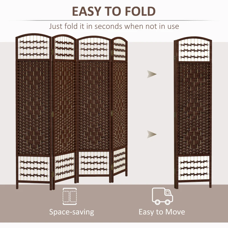HOMCOM 4 Panel Folding Room Divider, Portable Privacy Screen, Wave Fiber Room Partition for Home Office, Brown
