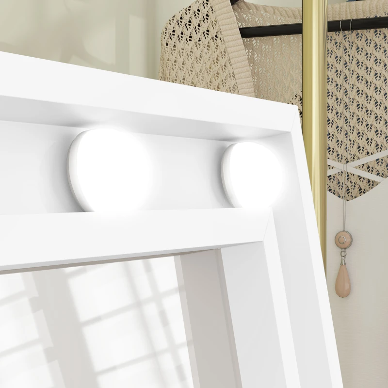 HOMCOM Free Standing Mirror with Lights and Adjustable Angles 60" x 18" Floor Mirror with Frame for Bedroom Living Room, White
