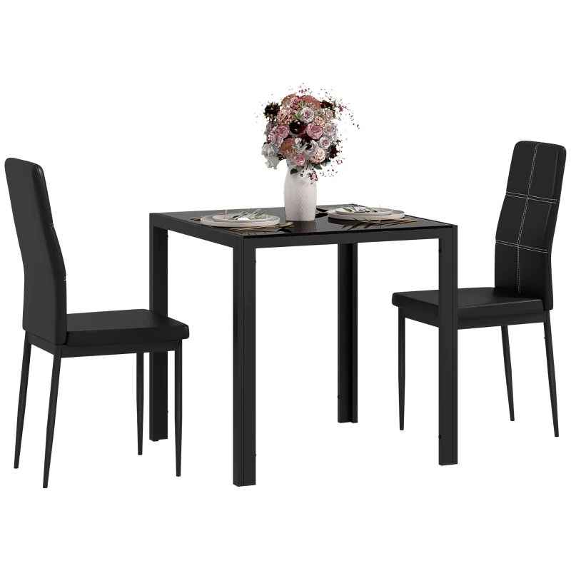 HOMCOM 3-Piece Rectangular Glass Kitchen Table and Chairs with Metal Frame and Faux Leather Upholstery for Dining Room, Black